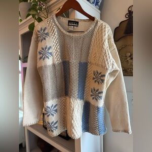 Vintage Beige and Blue Snowflake, Knit Sweater
